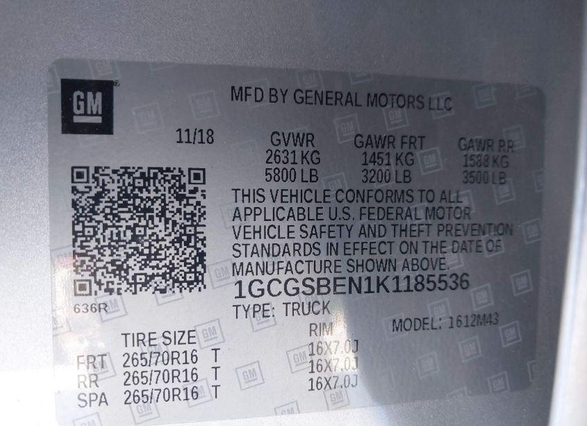 Photo 9 of 2019 Chevrolet Colorado WT (VIN 1GCGSBEN1K1185536)