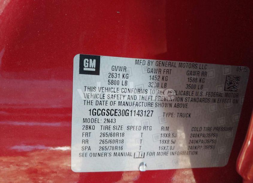 Photo 9 of 2016 Chevrolet Colorado LT (VIN 1GCGSCE30G1143127)