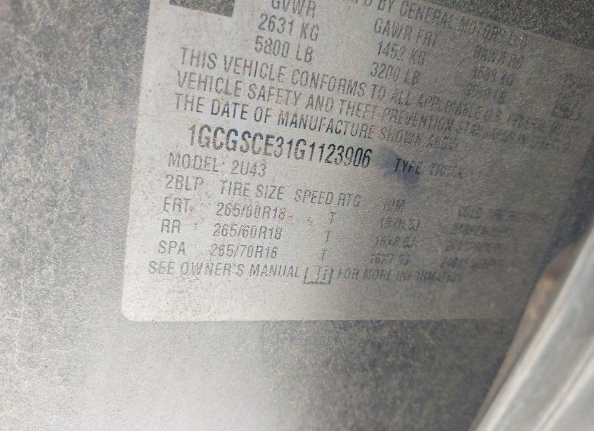 Photo 9 of 2016 Chevrolet Colorado LT (VIN 1GCGSCE31G1123906)