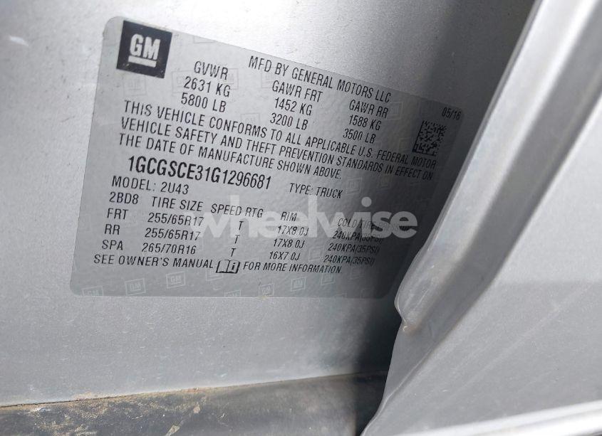 Photo 9 of 2016 Chevrolet Colorado LT (VIN 1GCGSCE31G1296681)