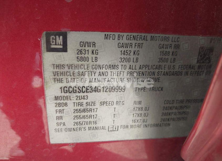 Photo 9 of 2016 Chevrolet Colorado LT (VIN 1GCGSCE34G1209999)