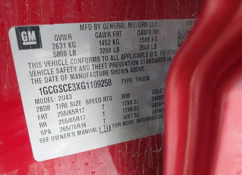 Photo 9 of 2016 Chevrolet Colorado LT (VIN 1GCGSCE3XG1109258)