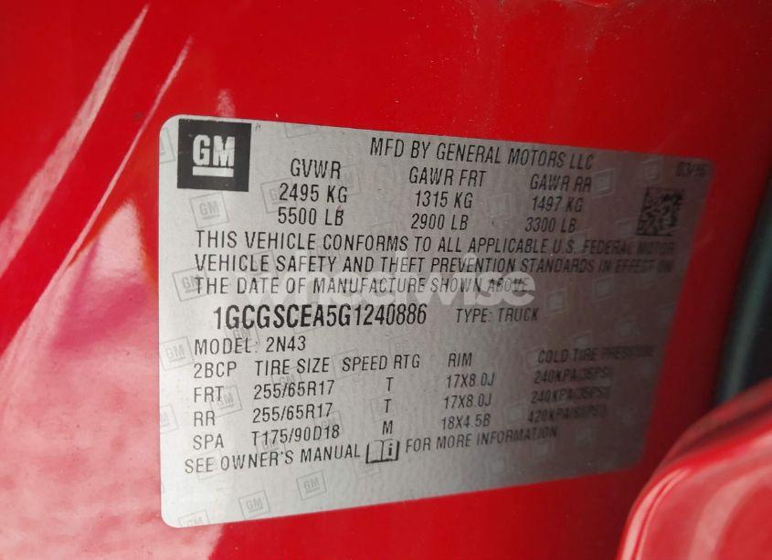 Photo 9 of 2016 Chevrolet Colorado LT (VIN 1GCGSCEA5G1240886)