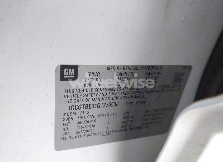 Photo 9 of 2016 Chevrolet Colorado WT (VIN 1GCGTBE31G1276938)