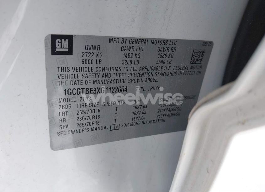 Photo 9 of 2016 Chevrolet Colorado WT (VIN 1GCGTBE3XG1122664)