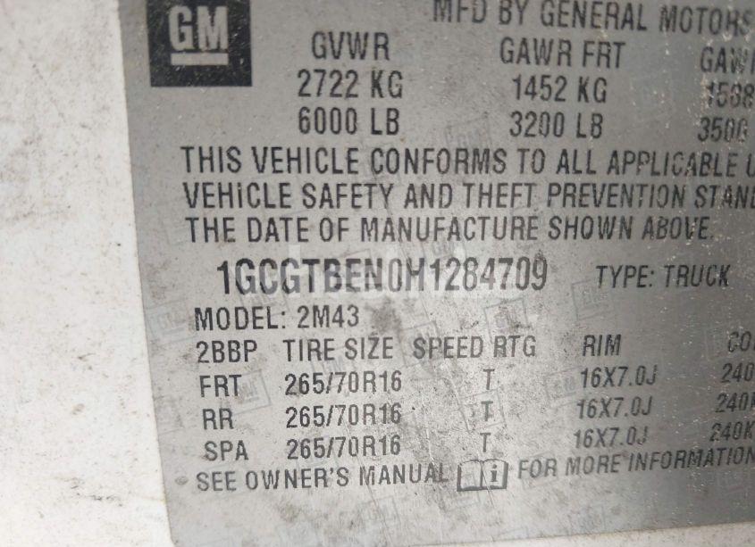 Photo 9 of 2017 Chevrolet Colorado WT (VIN 1GCGTBEN0H1284709)