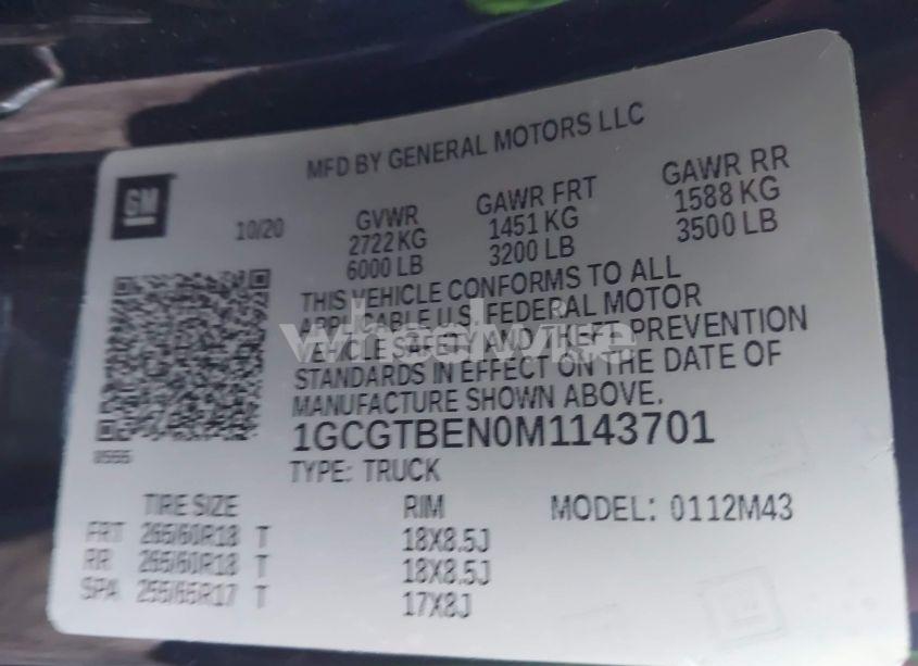 Photo 9 of 2021 Chevrolet Colorado 4WD SHORT BOX WT (VIN 1GCGTBEN0M1143701)