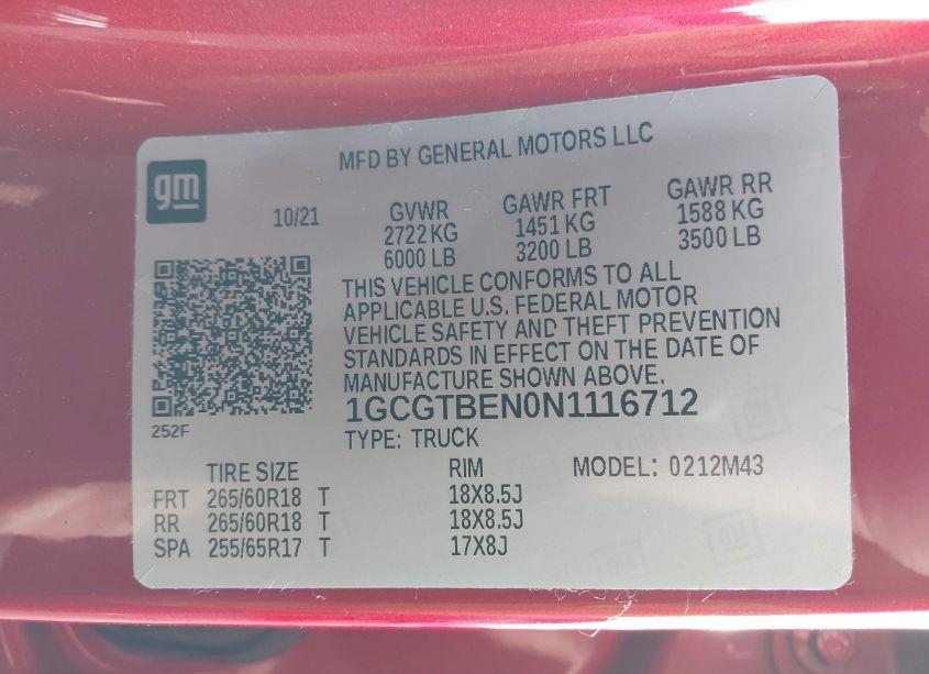 Photo 9 of 2022 Chevrolet Colorado 4WD SHORT BOX WT (VIN 1GCGTBEN0N1116712)