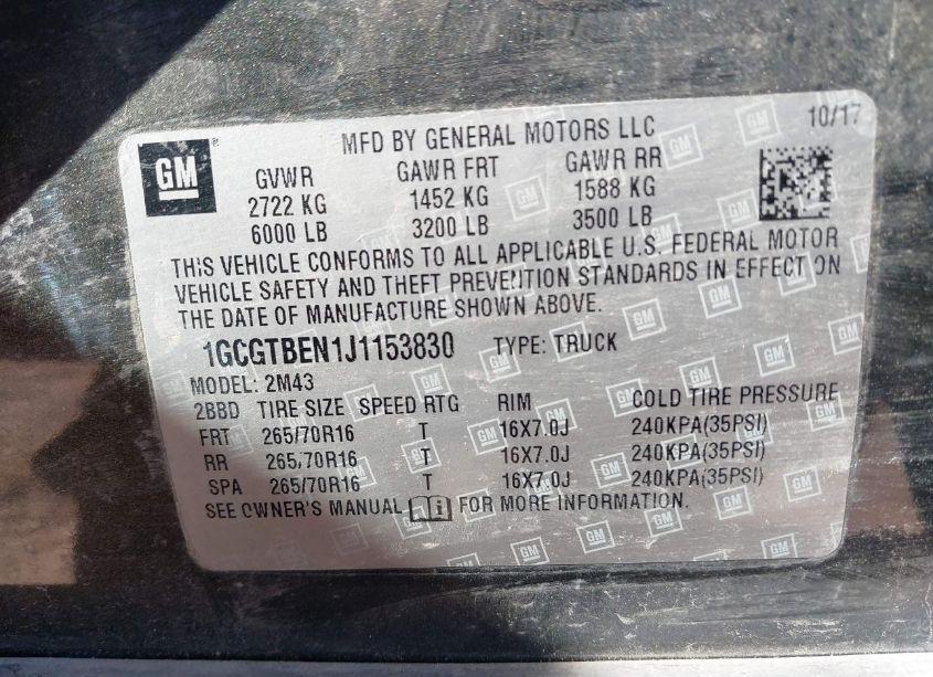 Photo 9 of 2018 Chevrolet Colorado WT (VIN 1GCGTBEN1J1153830)