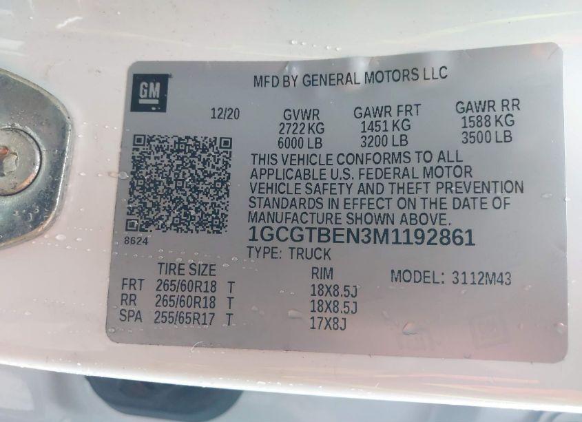 Photo 9 of 2021 Chevrolet Colorado 4WD SHORT BOX WT (VIN 1GCGTBEN3M1192861)