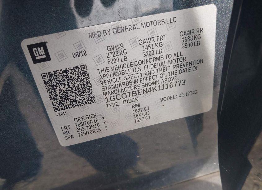 Photo 9 of 2019 Chevrolet Colorado WT (VIN 1GCGTBEN4K1116773)