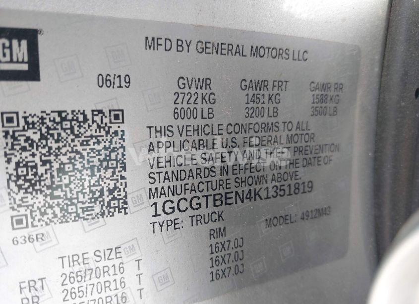 Photo 9 of 2019 Chevrolet Colorado WT (VIN 1GCGTBEN4K1351819)