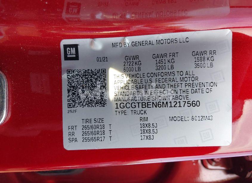 Photo 9 of 2021 Chevrolet Colorado 4WD SHORT BOX WT (VIN 1GCGTBEN6M1217560)