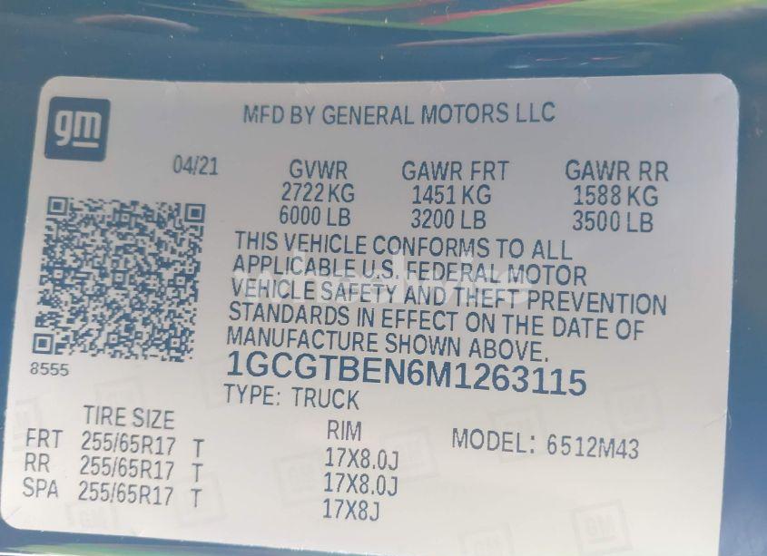 Photo 9 of 2021 Chevrolet Colorado 4WD SHORT BOX WT (VIN 1GCGTBEN6M1263115)