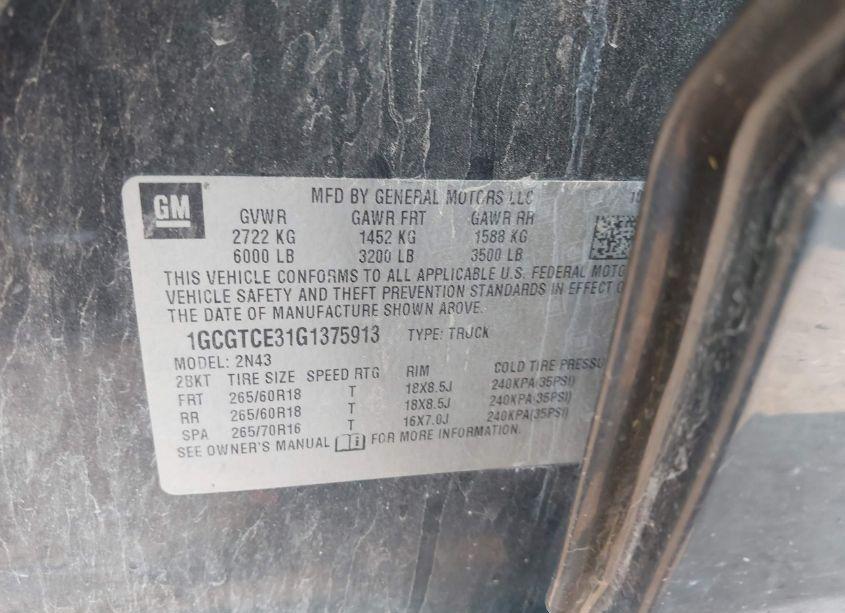 Photo 9 of 2016 Chevrolet Colorado LT (VIN 1GCGTCE31G1375913)