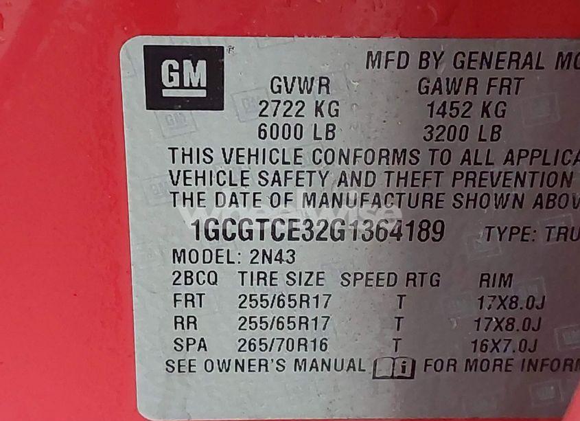 Photo 9 of 2016 Chevrolet Colorado LT (VIN 1GCGTCE32G1364189)