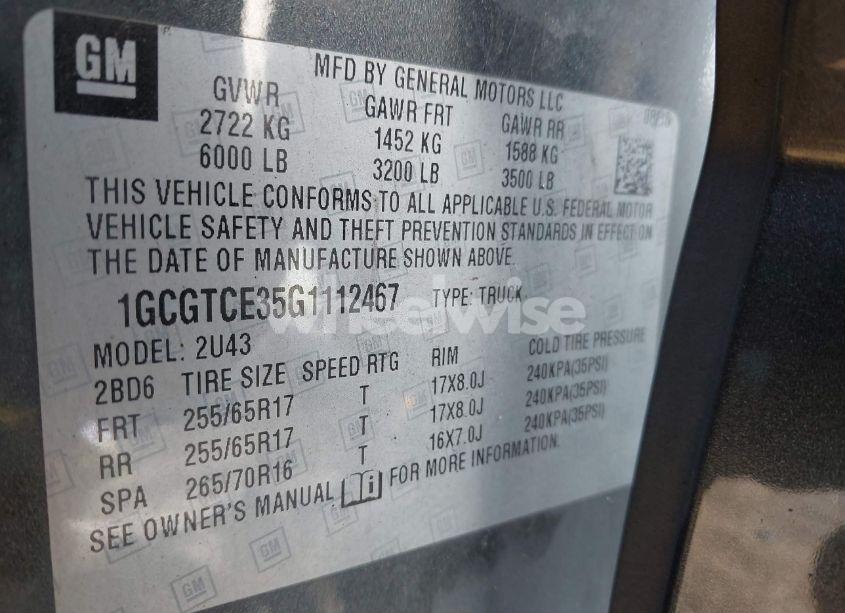 Photo 9 of 2016 Chevrolet Colorado LT (VIN 1GCGTCE35G1112467)