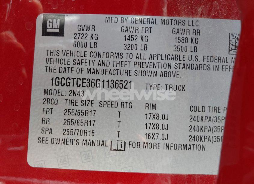 Photo 9 of 2016 Chevrolet Colorado LT (VIN 1GCGTCE36G1136521)