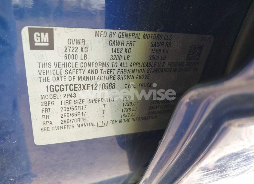 Photo 9 of 2015 Chevrolet Colorado Z71 (VIN 1GCGTCE3XF1210988)