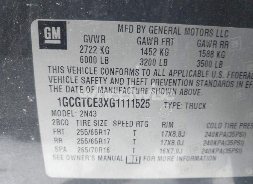 Photo 9 of 2016 Chevrolet Colorado LT (VIN 1GCGTCE3XG1111525)