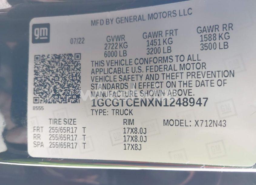 Photo 9 of 2022 Chevrolet Colorado 4WD SHORT BOX LT (VIN 1GCGTCENXN1248947)