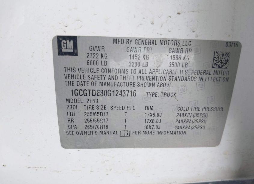 Photo 9 of 2016 Chevrolet Colorado Z71 (VIN 1GCGTDE30G1243716)