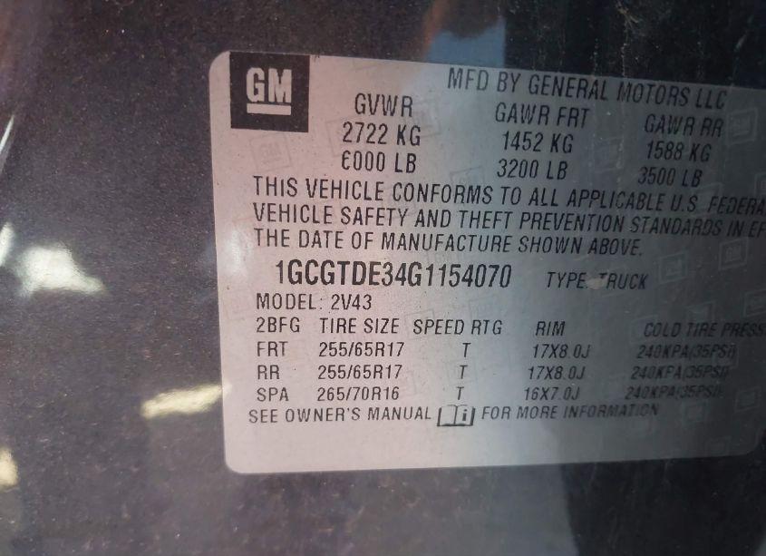 Photo 9 of 2016 Chevrolet Colorado Z71 (VIN 1GCGTDE34G1154070)