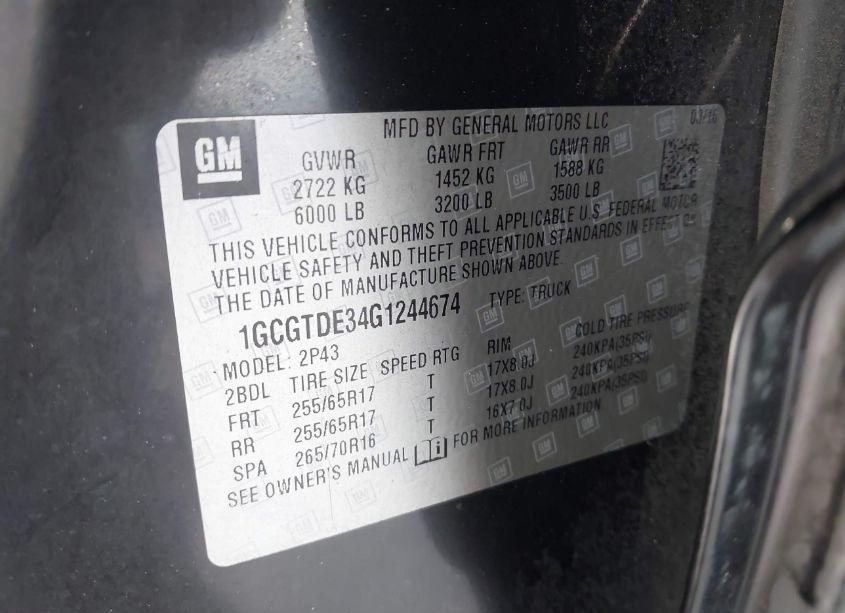 Photo 9 of 2016 Chevrolet Colorado Z71 (VIN 1GCGTDE34G1244674)