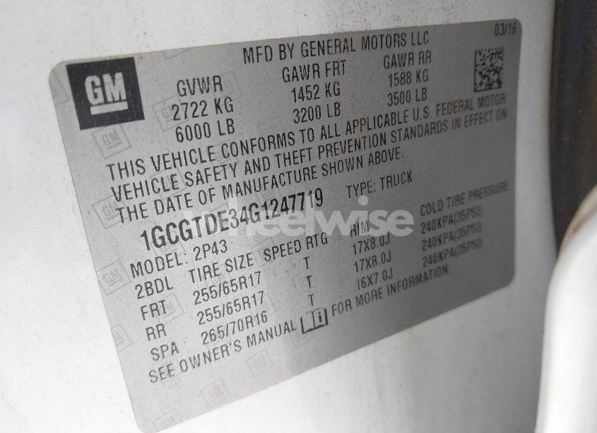 Photo 9 of 2016 Chevrolet Colorado Z71 (VIN 1GCGTDE34G1247719)