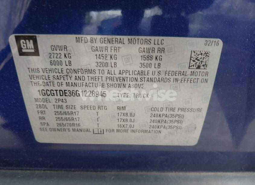 Photo 9 of 2016 Chevrolet Colorado Z71 (VIN 1GCGTDE36G1228945)