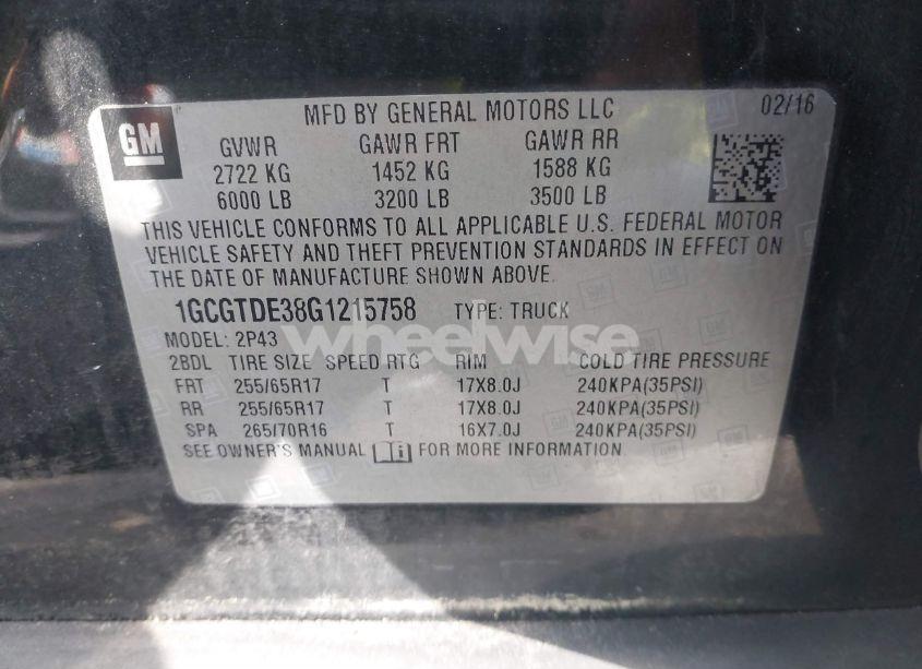 Photo 9 of 2016 Chevrolet Colorado Z71 (VIN 1GCGTDE38G1215758)