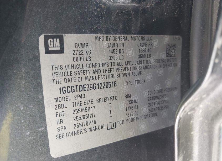 Photo 9 of 2016 Chevrolet Colorado Z71 (VIN 1GCGTDE39G1220516)