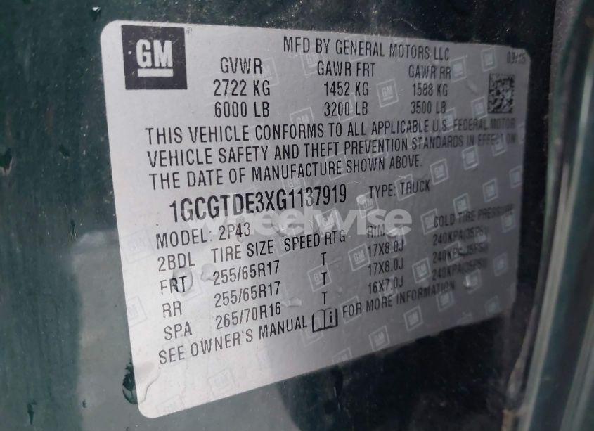 Photo 9 of 2016 Chevrolet Colorado Z71 (VIN 1GCGTDE3XG1137919)