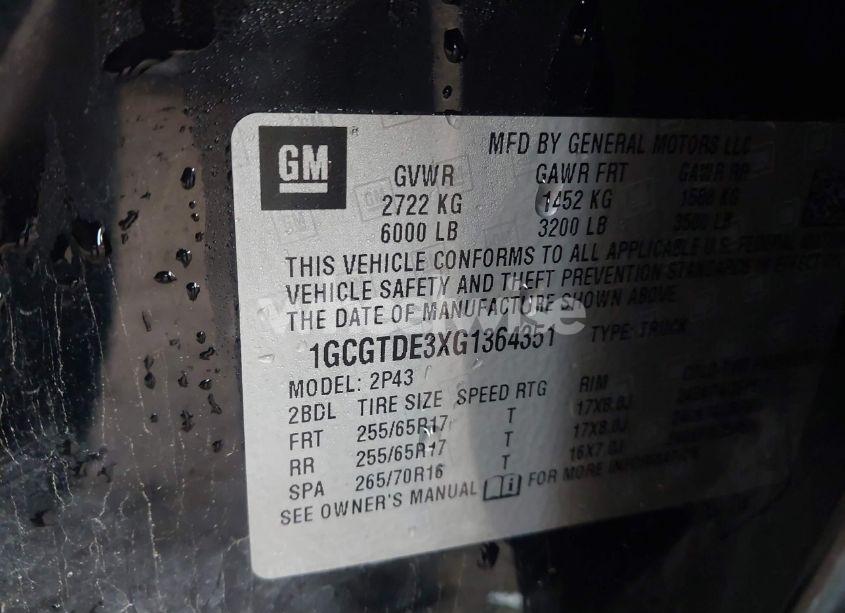 Photo 9 of 2016 Chevrolet Colorado Z71 (VIN 1GCGTDE3XG1364351)