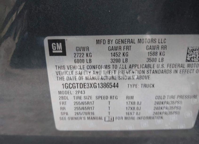 Photo 9 of 2016 Chevrolet Colorado Z71 (VIN 1GCGTDE3XG1386544)