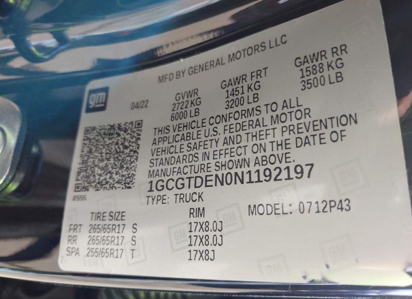 Photo 9 of 2022 Chevrolet Colorado 4WD SHORT BOX Z71 (VIN 1GCGTDEN0N1192197)