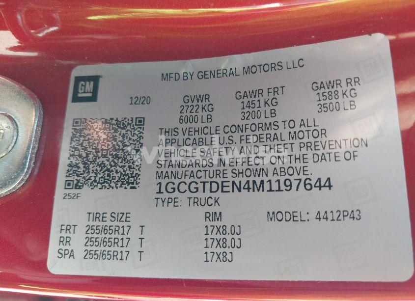 Photo 9 of 2021 Chevrolet Colorado 4WD SHORT BOX Z71 (VIN 1GCGTDEN4M1197644)