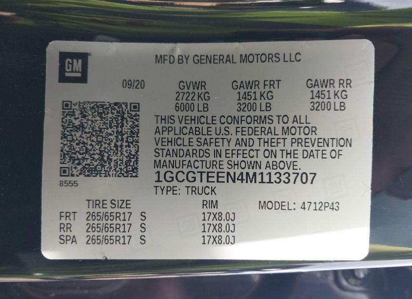 Photo 9 of 2021 Chevrolet Colorado 4WD SHORT BOX ZR2 (VIN 1GCGTEEN4M1133707)