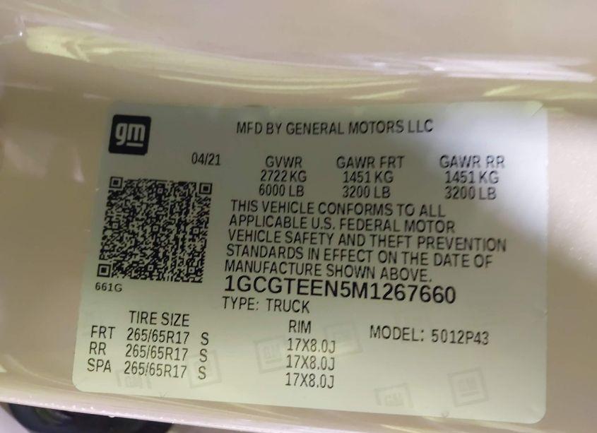 Photo 9 of 2021 Chevrolet Colorado 4WD SHORT BOX ZR2 (VIN 1GCGTEEN5M1267660)