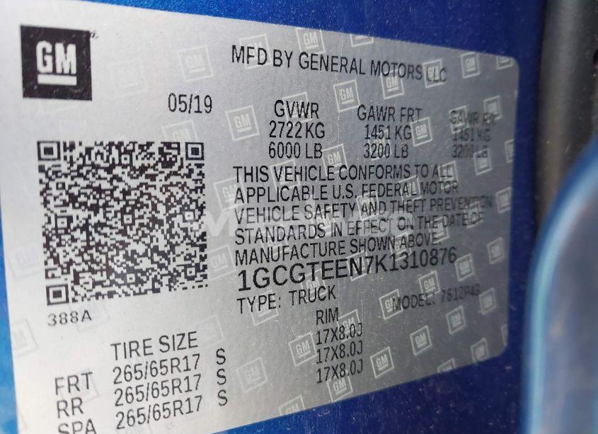 Photo 9 of 2019 Chevrolet Colorado ZR2 (VIN 1GCGTEEN7K1310876)