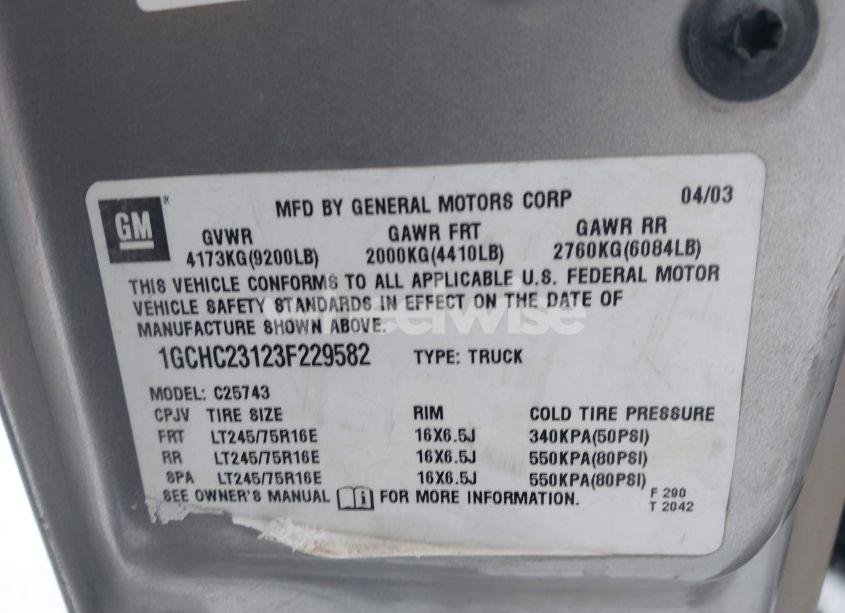 Photo 9 of 2003 Chevrolet Silverado 2500HD LT (VIN 1GCHC23123F229582)