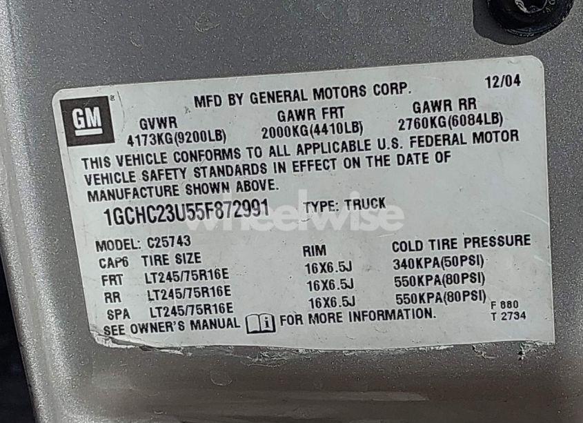 Photo 9 of 2005 Chevrolet Silverado 2500HD LS (VIN 1GCHC23U55F872991)