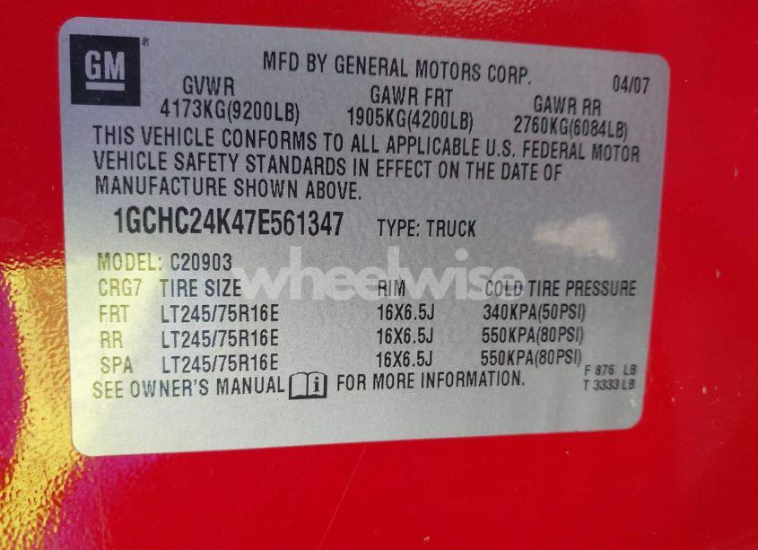 Photo 9 of 2007 Chevrolet Silverado 2500HD WORK TRUCK (VIN 1GCHC24K47E561347)