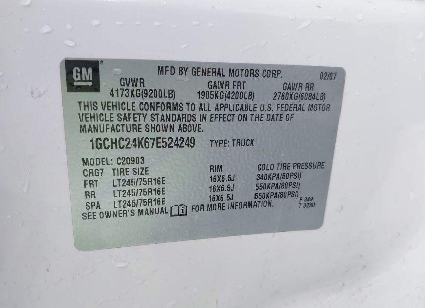 Photo 9 of 2007 Chevrolet Silverado 2500HD WORK TRUCK (VIN 1GCHC24K67E524249)