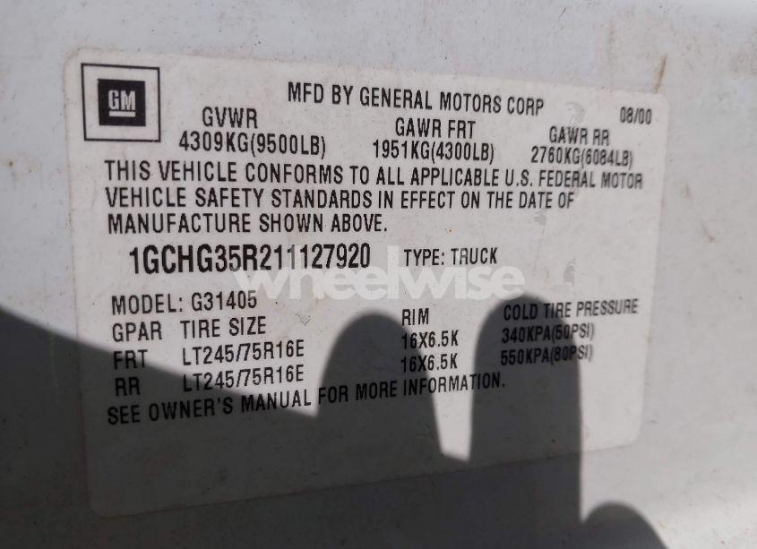 Photo 9 of 2001 Chevrolet Express (VIN 1GCHG35R211127920)