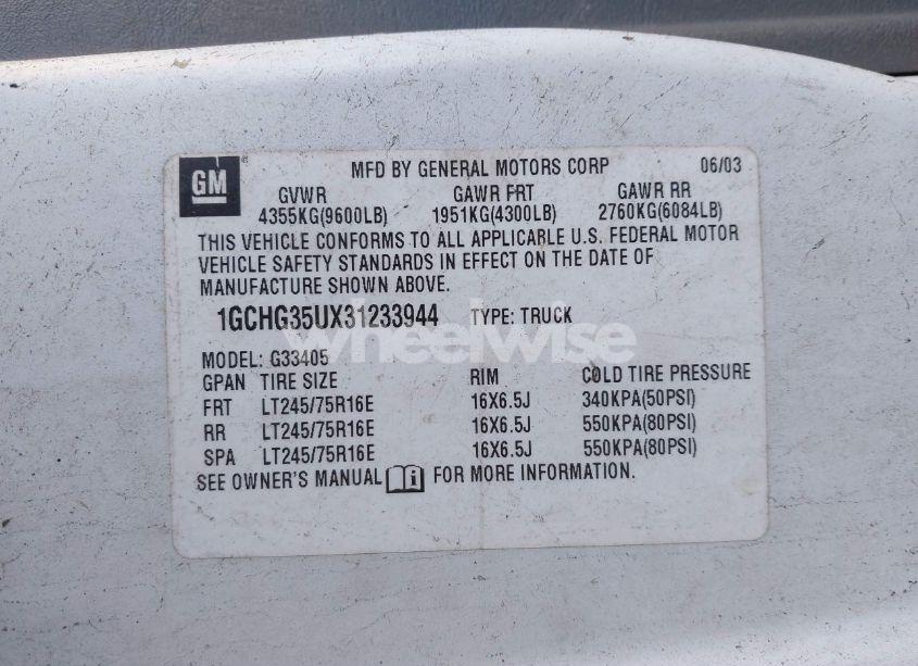 Photo 9 of 2003 Chevrolet Express (VIN 1GCHG35UX31233944)