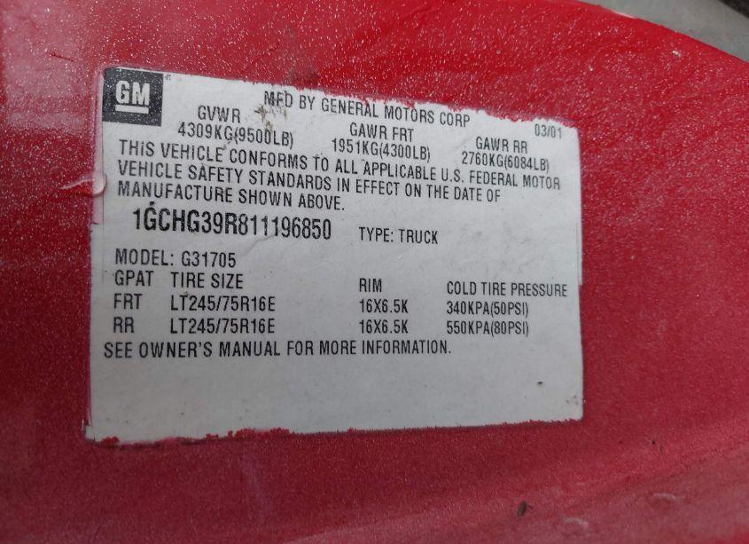 Photo 9 of 2001 Chevrolet Express (VIN 1GCHG39R811196850)
