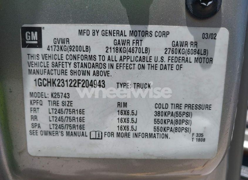 Photo 9 of 2002 Chevrolet Silverado 2500HD LT (VIN 1GCHK23122F204943)