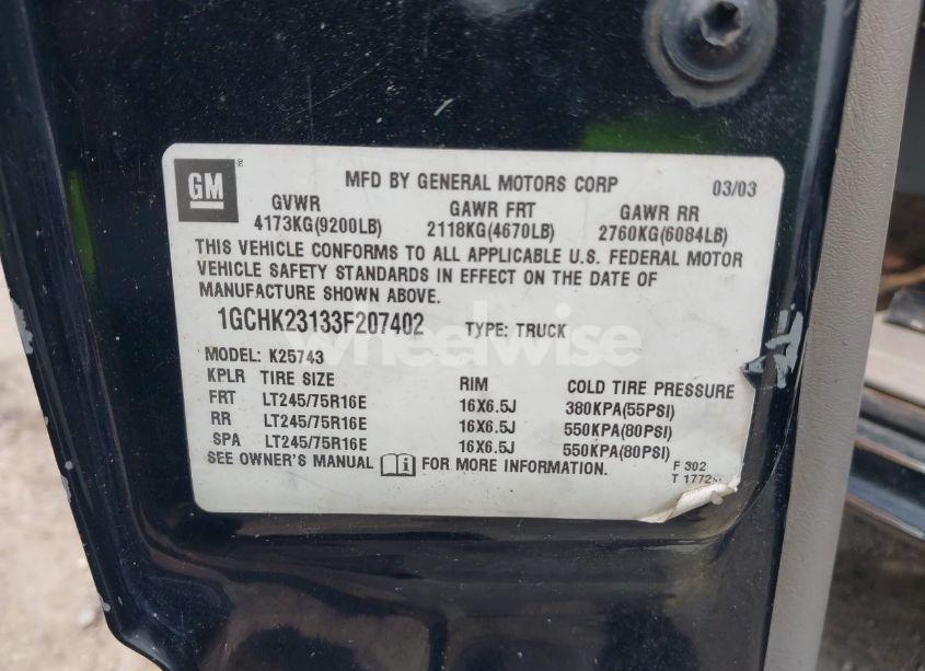 Photo 9 of 2003 Chevrolet Silverado 2500HD LT (VIN 1GCHK23133F207402)