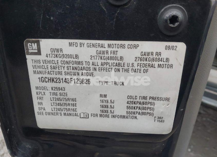 Photo 9 of 2003 Chevrolet Silverado 2500HD LT (VIN 1GCHK23143F129826)